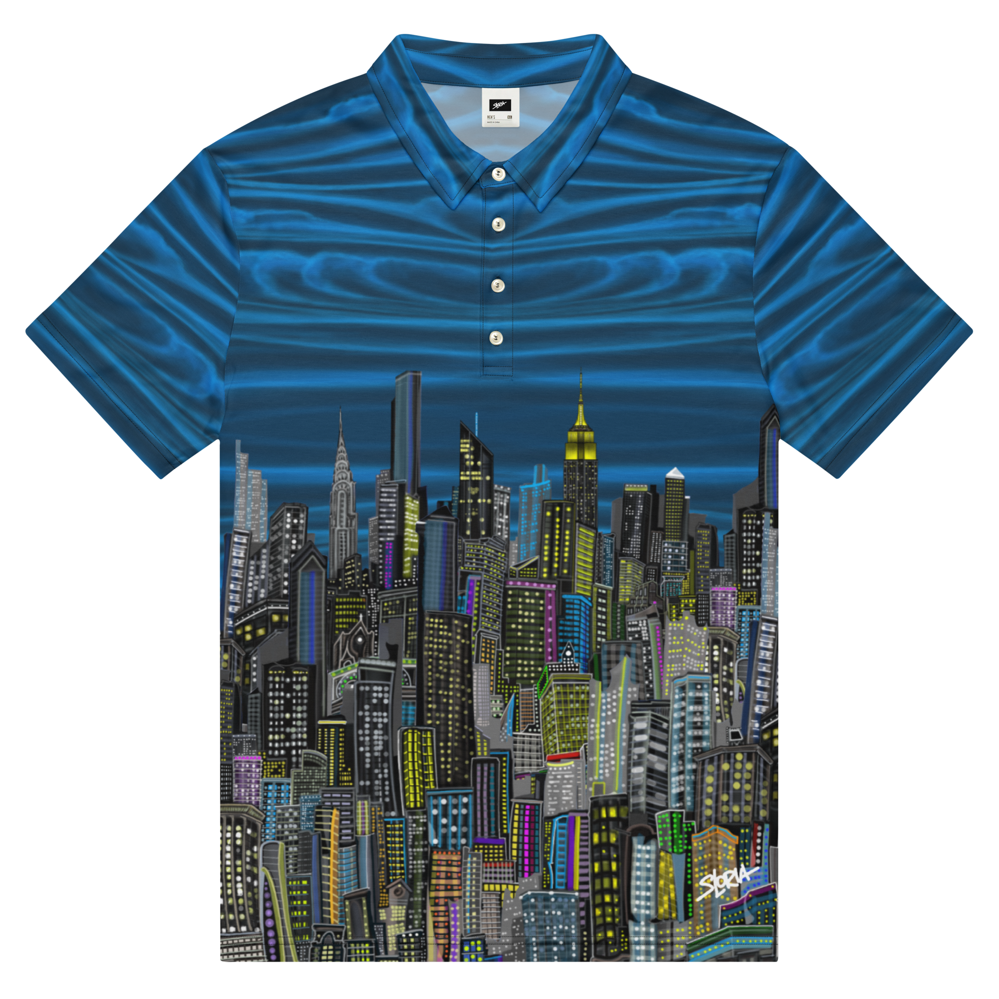 Blue short-sleeve shirt with cityscape Loria NYC Art design on a white background