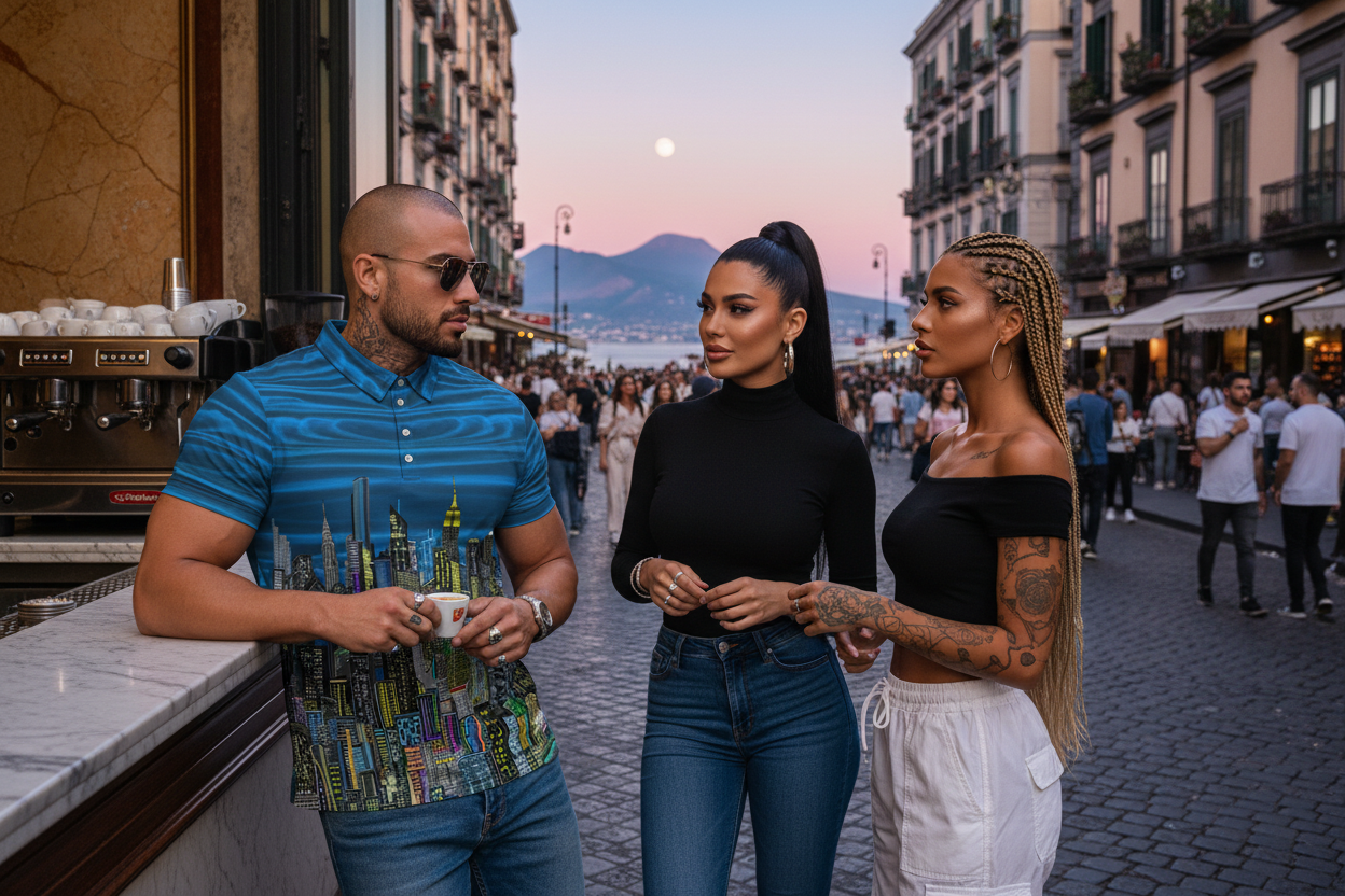 Man wearing a blue LoriaNYC Art shirt with two girls standing on a street with a scenic background