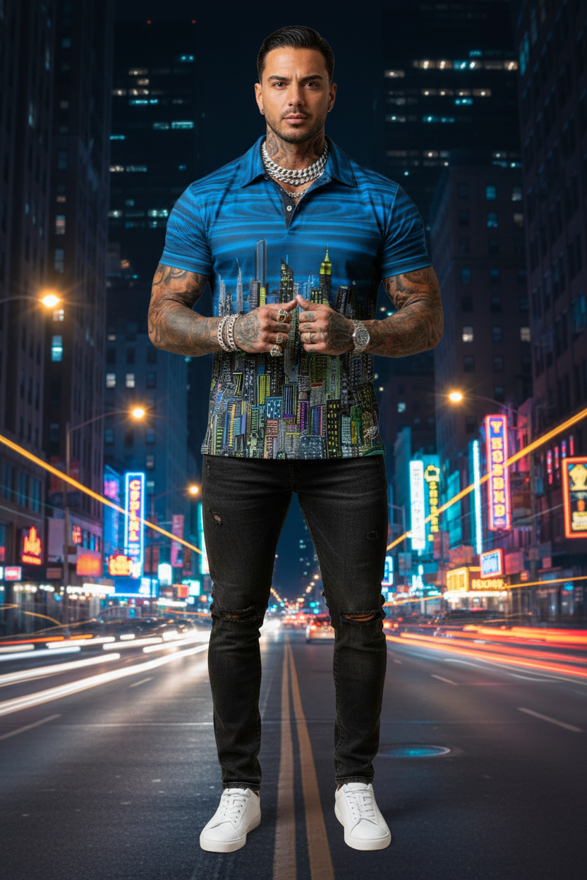 Man wearing a blue Loria NYC Art shirt and black jeans on a city background
