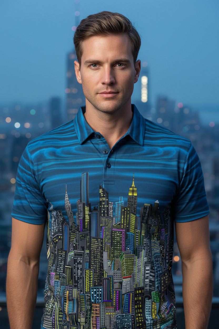Man wearing a blue polo shirt with Loria NYC Art cityscape design against a city skyline at night.