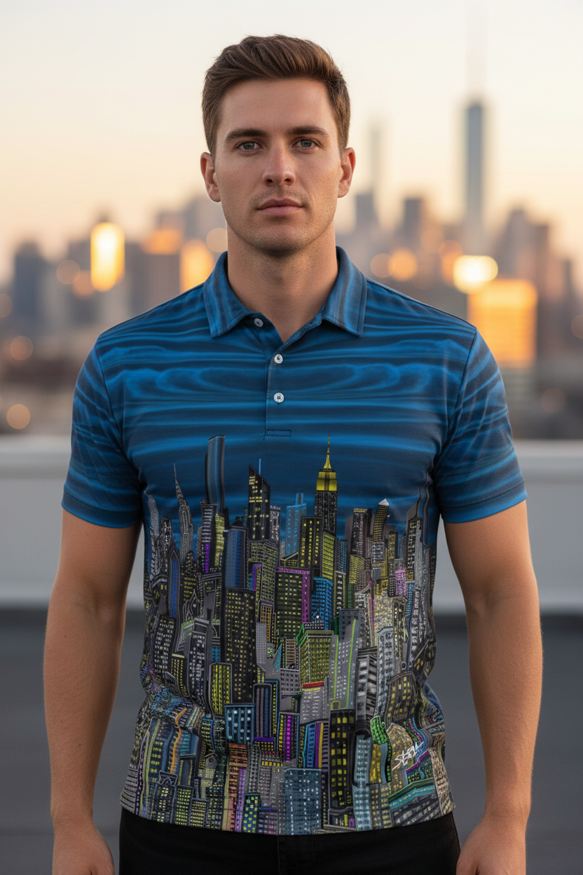 Man wearing a blue striped shirt with cityscape Loria NYC Art design against a blurred cityscape background