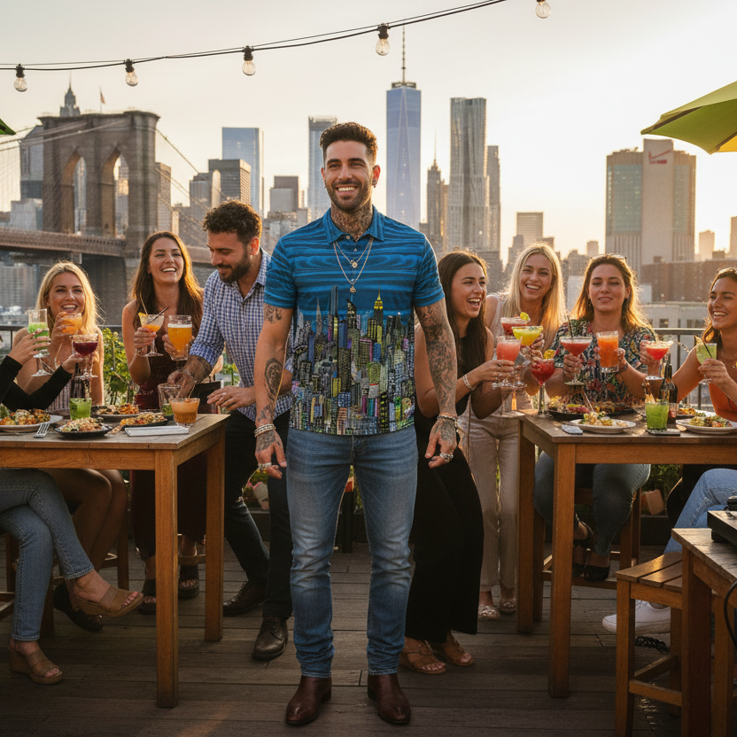 Man wearing blue Loria NYC Art cityscape polo shirt with people enjoying drinks on a rooftop with a city skyline in the background