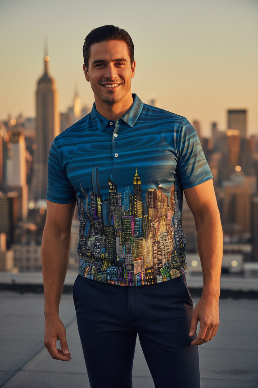 Men's Polo Shirt - Urbana Blu Vibrante - Loria NYC Art