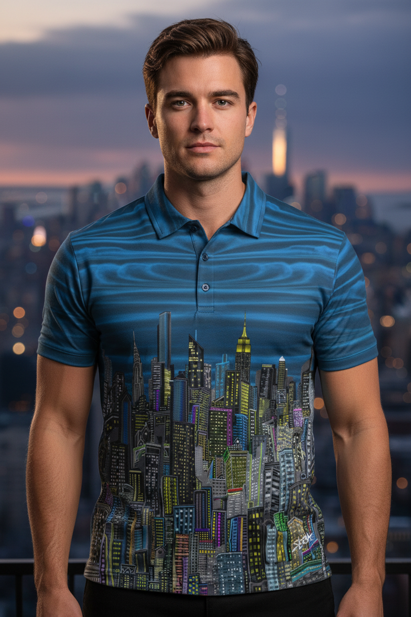 Man wearing a blue Loria NYC Art polo shirt with cityscape design against a city skyline at dusk.