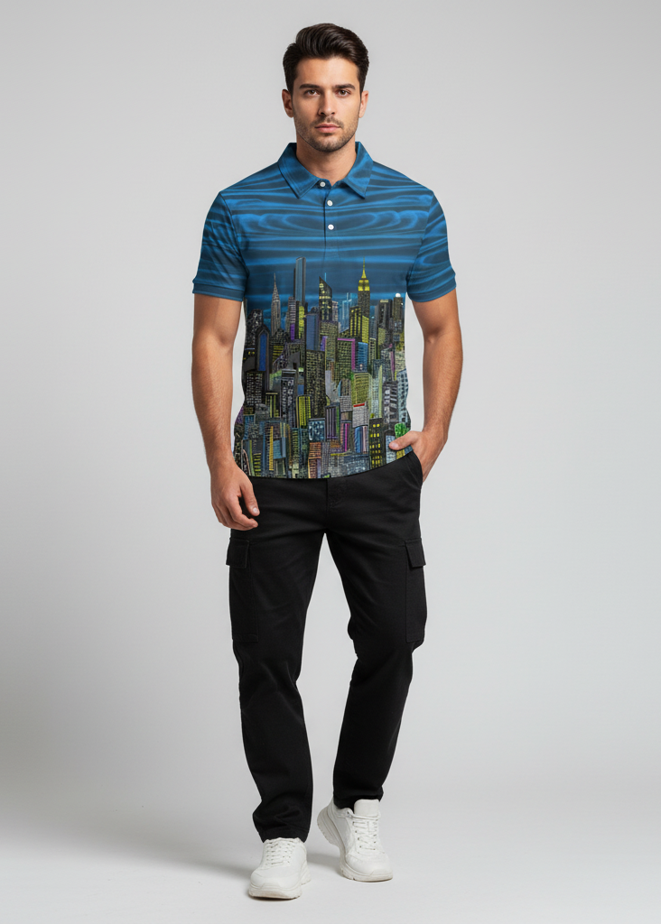 Man wearing a blue patterned Loria NYC Art shirt and black pants on a gray background