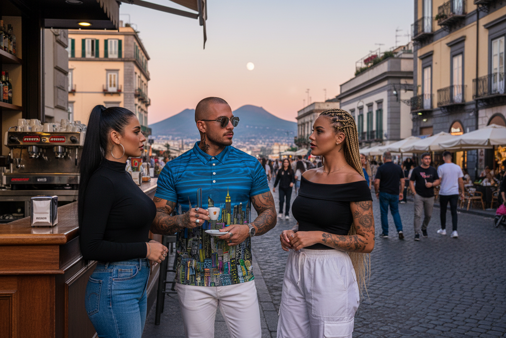 Man wearing colorful blue cityscape Loria NYC Art polo with two people standing on a street with a mountain in the background