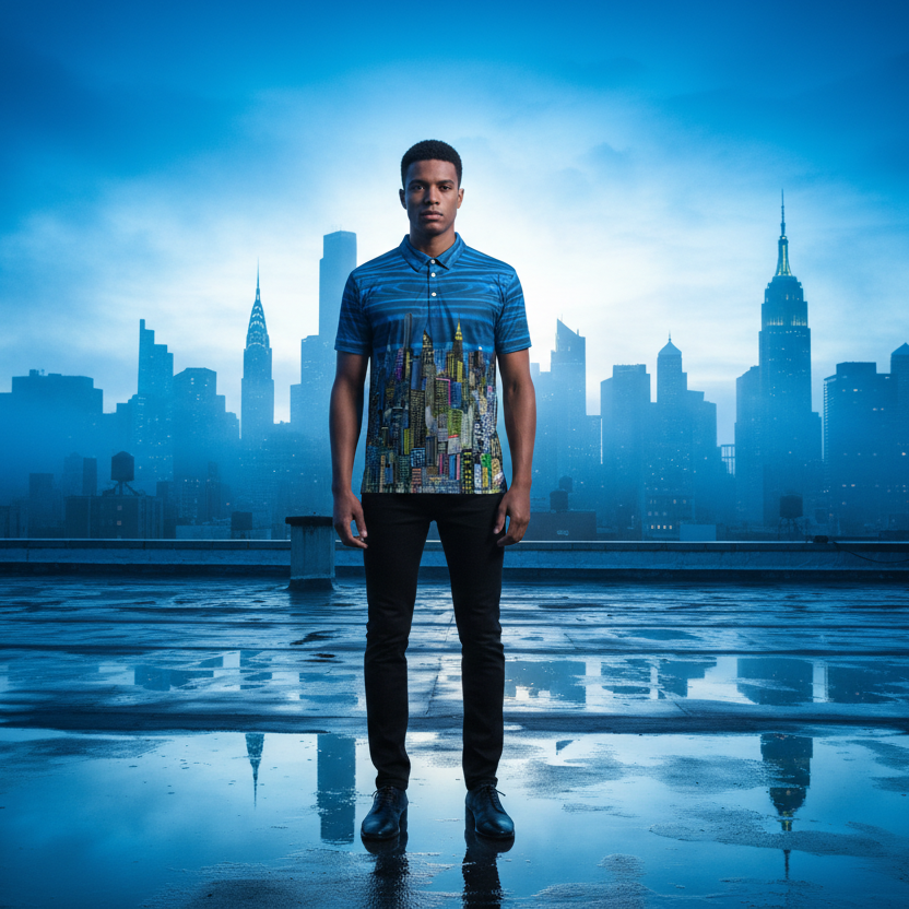 Man standing on a rooftop with a Loria NYC Art city skyline polo with the background under a blue sky.