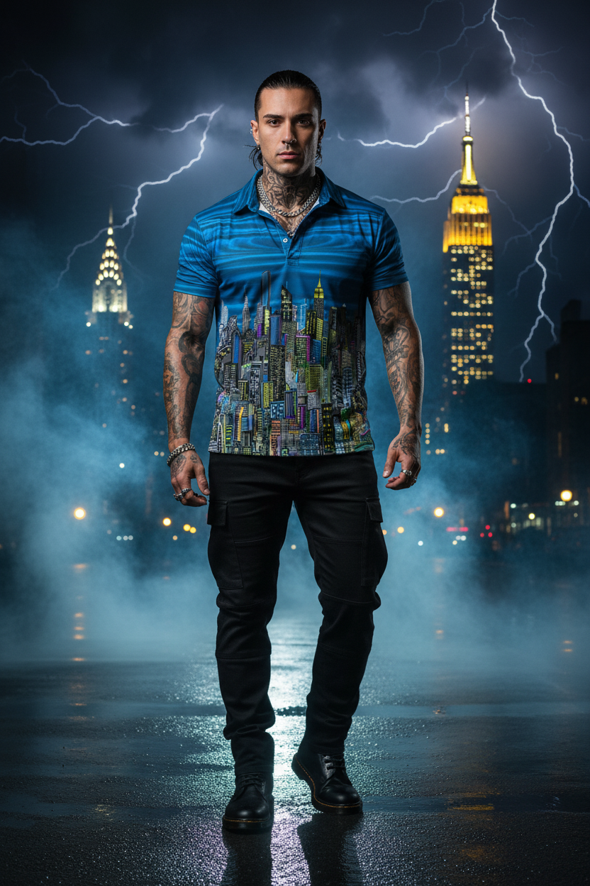 Man in a blue cityscape Loria NYC Art  shirt standing in front of illuminated skyscrapers with lightning effects.