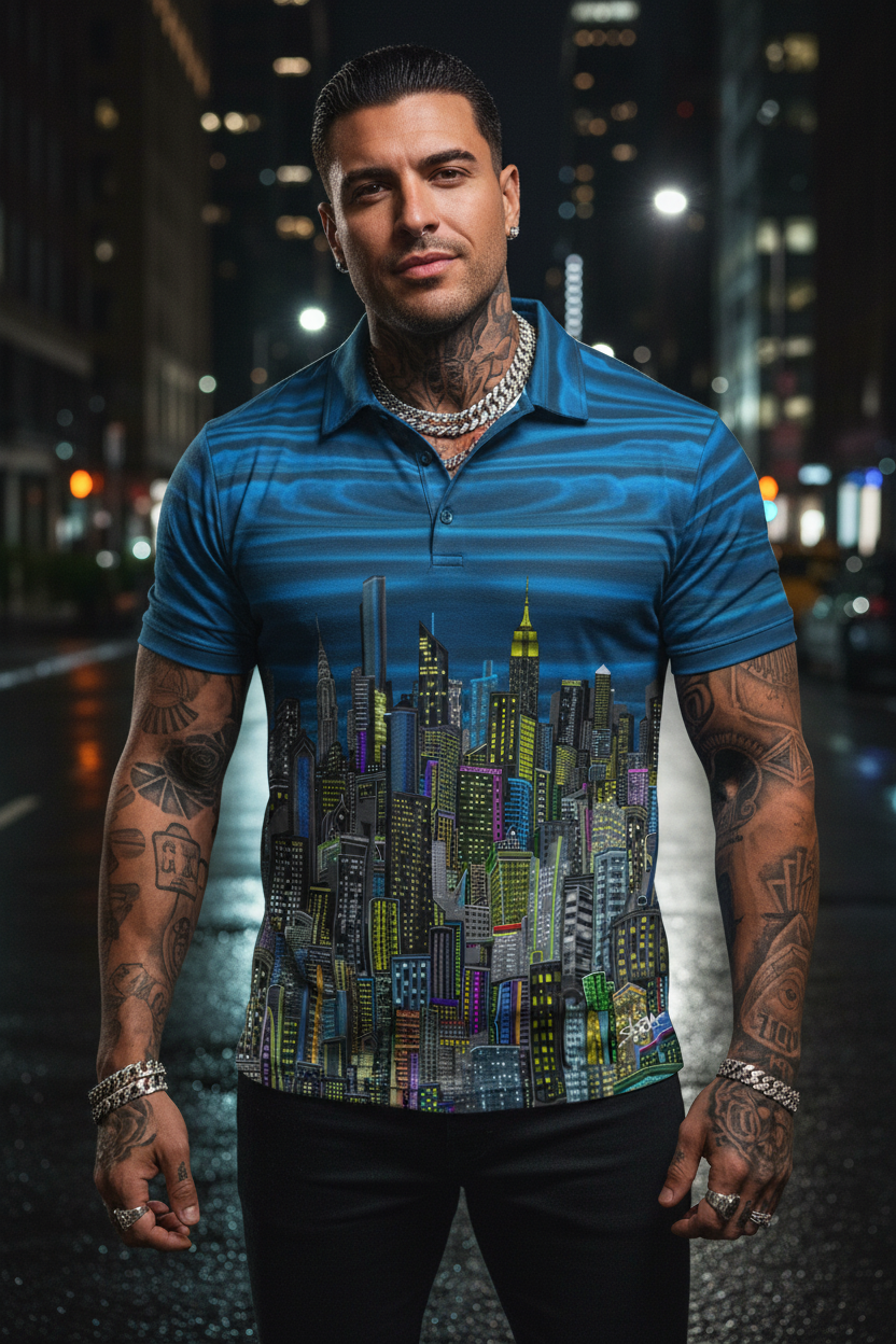 Man wearing a blue polo shirt with a cityscape Loria NYC Art design on a city street at night.