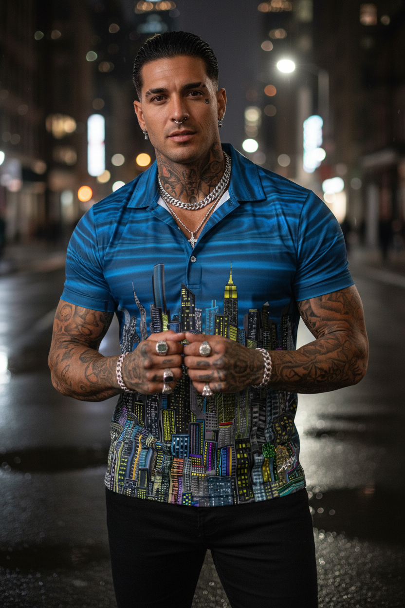 Man wearing a blue Loria NYC Art shirt with a cityscape design in an urban setting