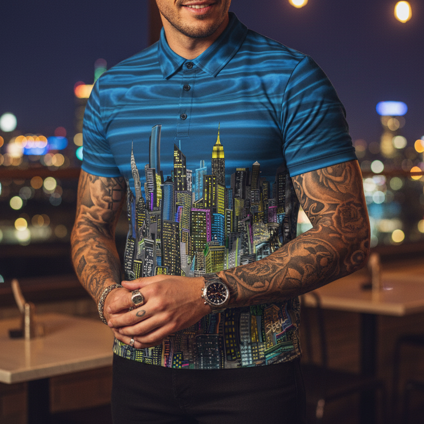 Man wearing a blue shirt with a Loria NYC Art cityscape design, standing in an outdoor setting with blurred lights in the background.