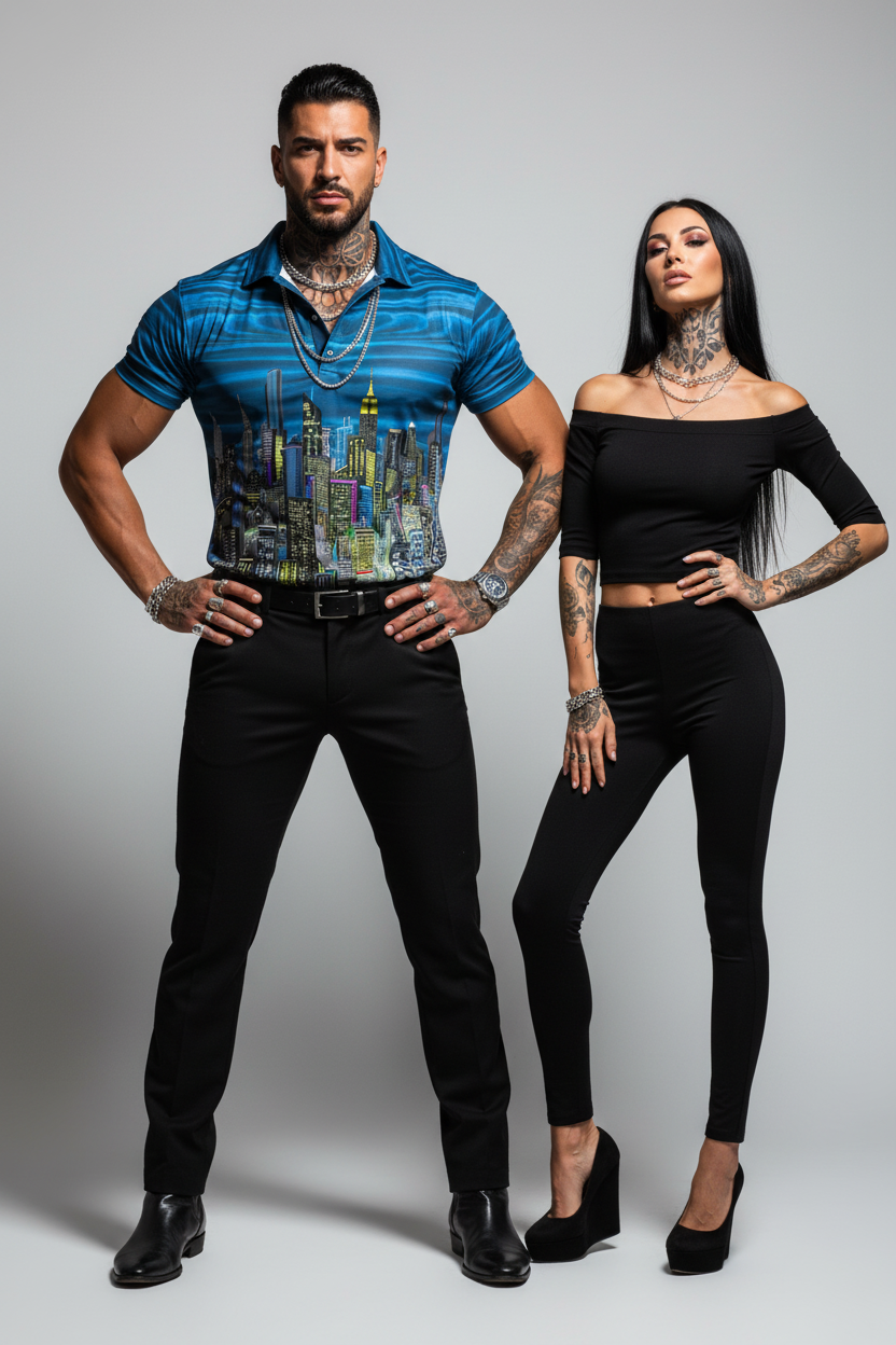 Man wearing a blue city scapeLoria NYC Art shirt and woman posing together against a gray background