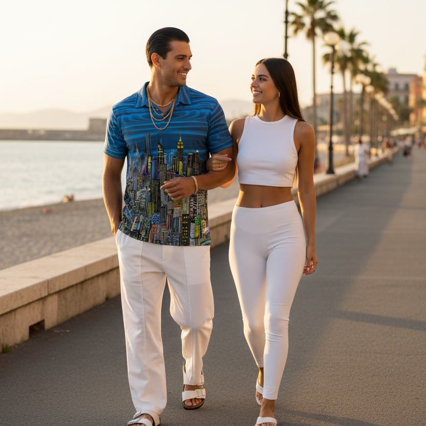 Man wearing blue Loria NYC Art shirt with woman walking along a waterfront promenade with palm trees and buildings in the background.