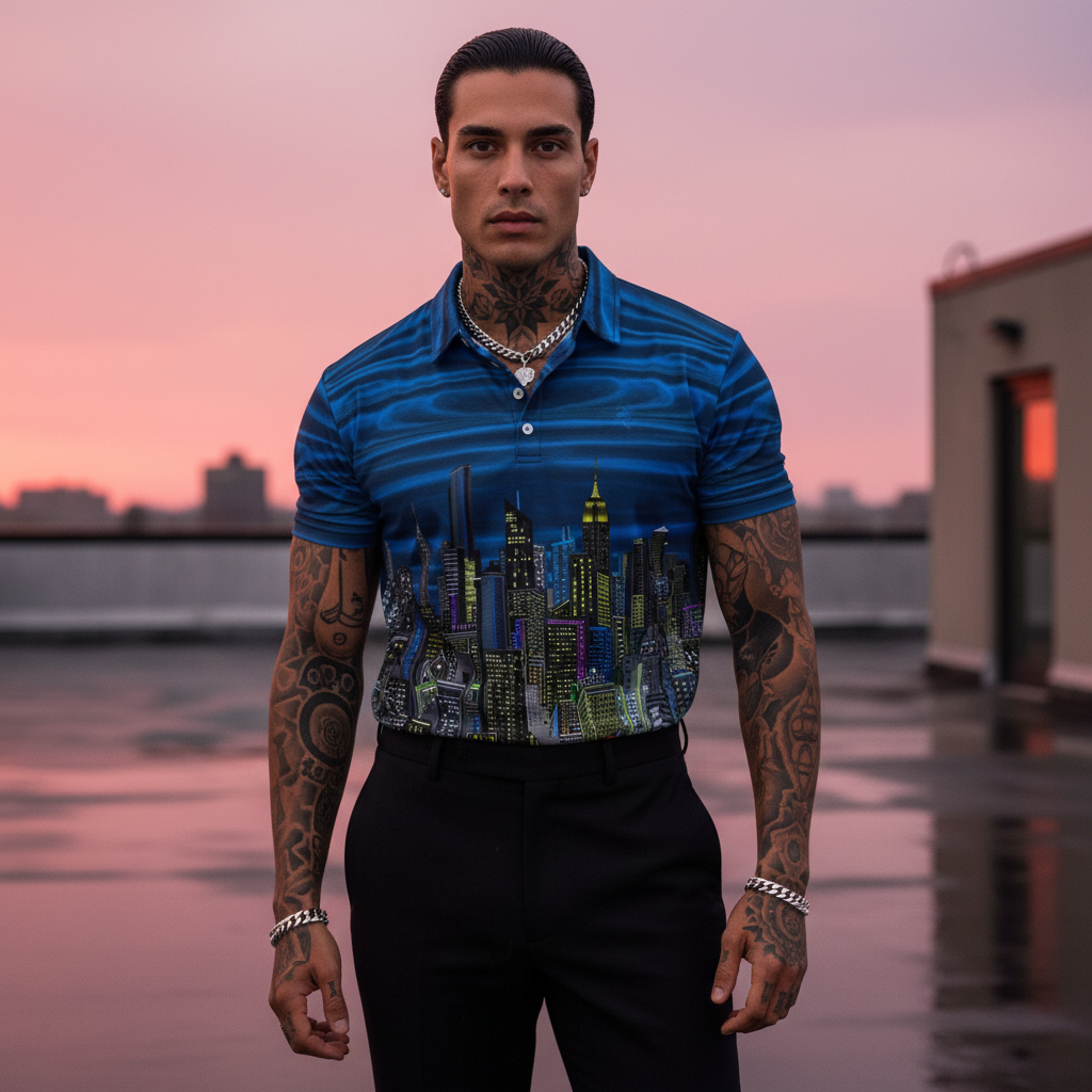 Man wearing a blue and black patterned Loria NYC Art polo shirt on a white background