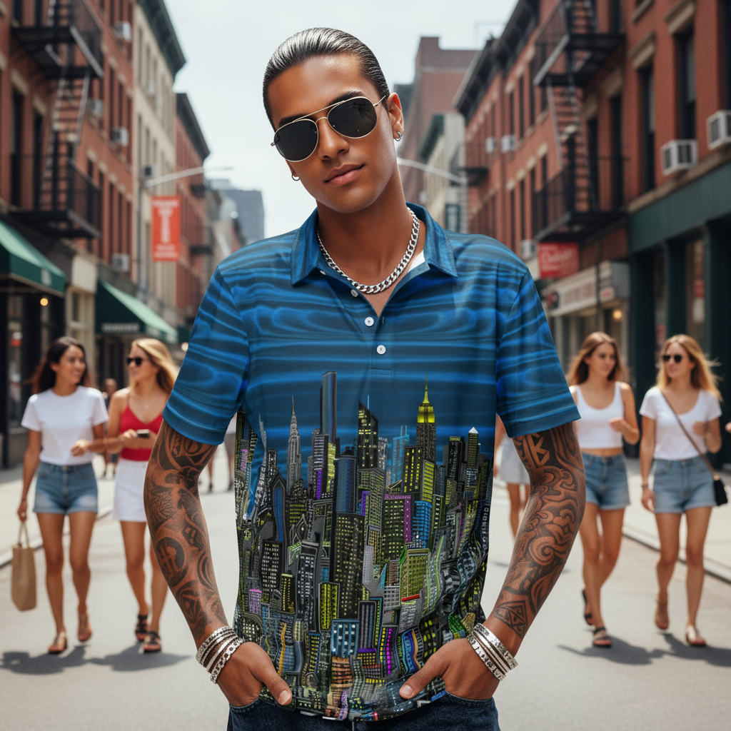 Person wearing a Loria NYC Art blue patterned shirt with cityscape design on a white background