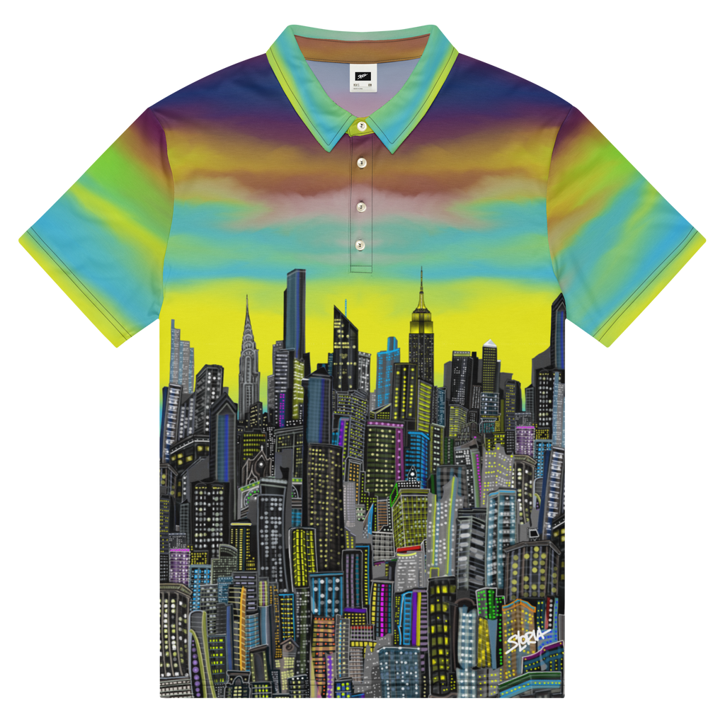 Colorful polo shirt with cityscape Loria NYC Art design on a white background