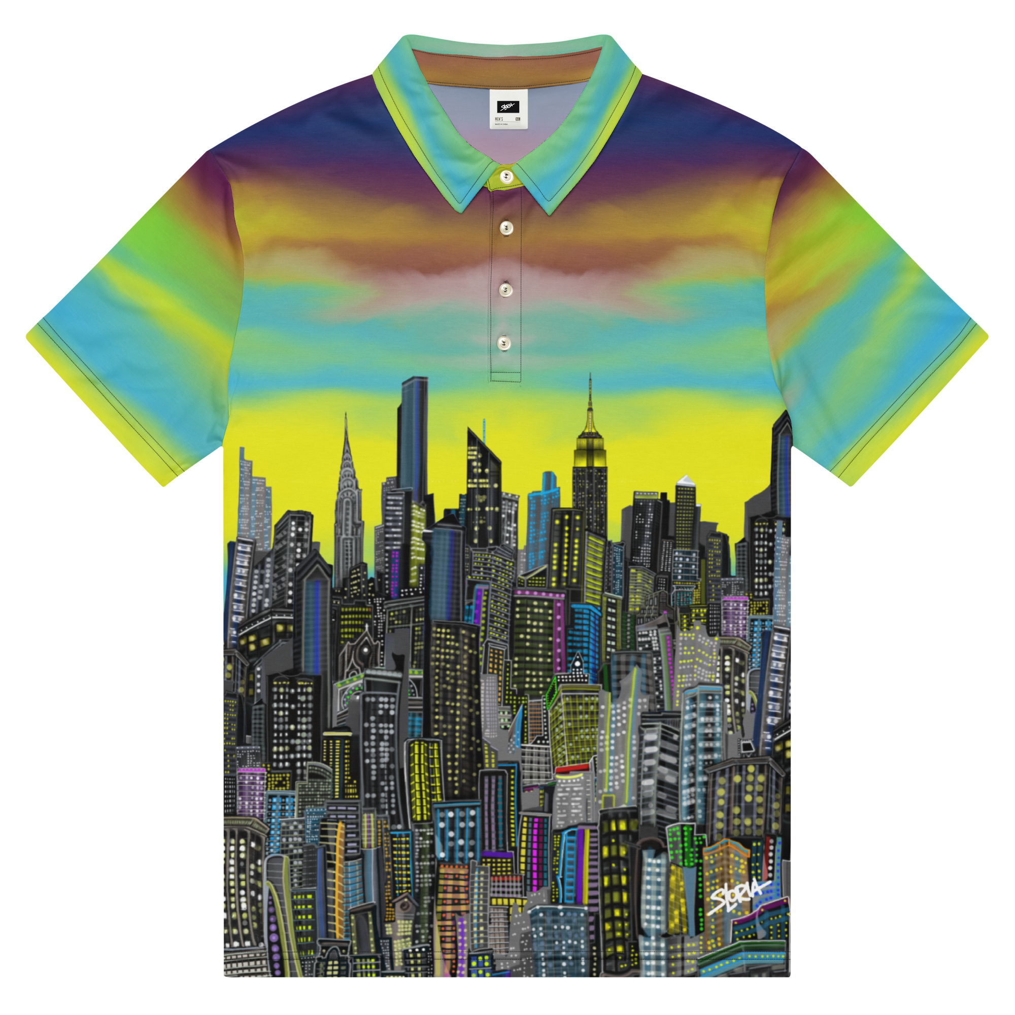 Colorful polo shirt with cityscape Loria NYC Art design on a white background