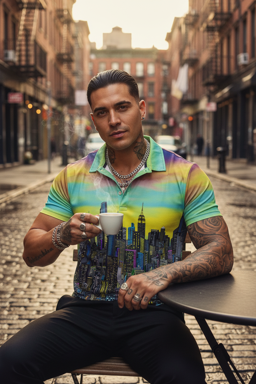 Man sitting on a city street holding a cup, wearing a colorful Loria NYC Art shirt with a cityscape design.