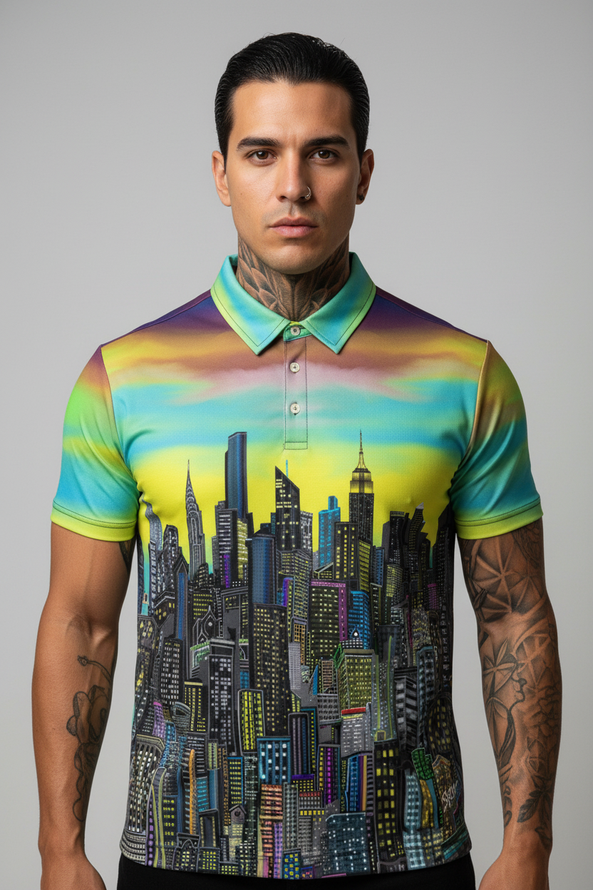 Man wearing a colorful polo shirt with a cityscape Loria NYC Art design on a gray background