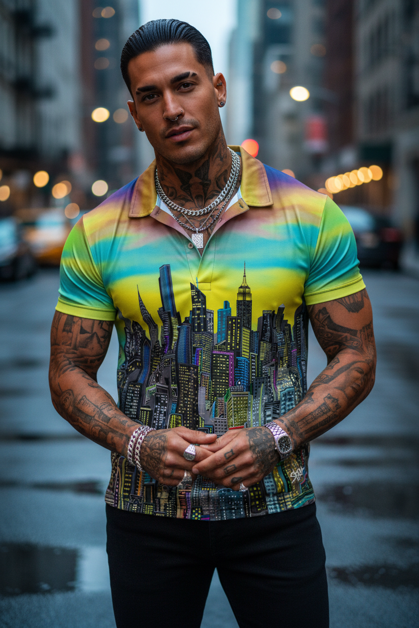 Man wearing a colorful Loria NYC Art shirt with cityscape design on a city street.