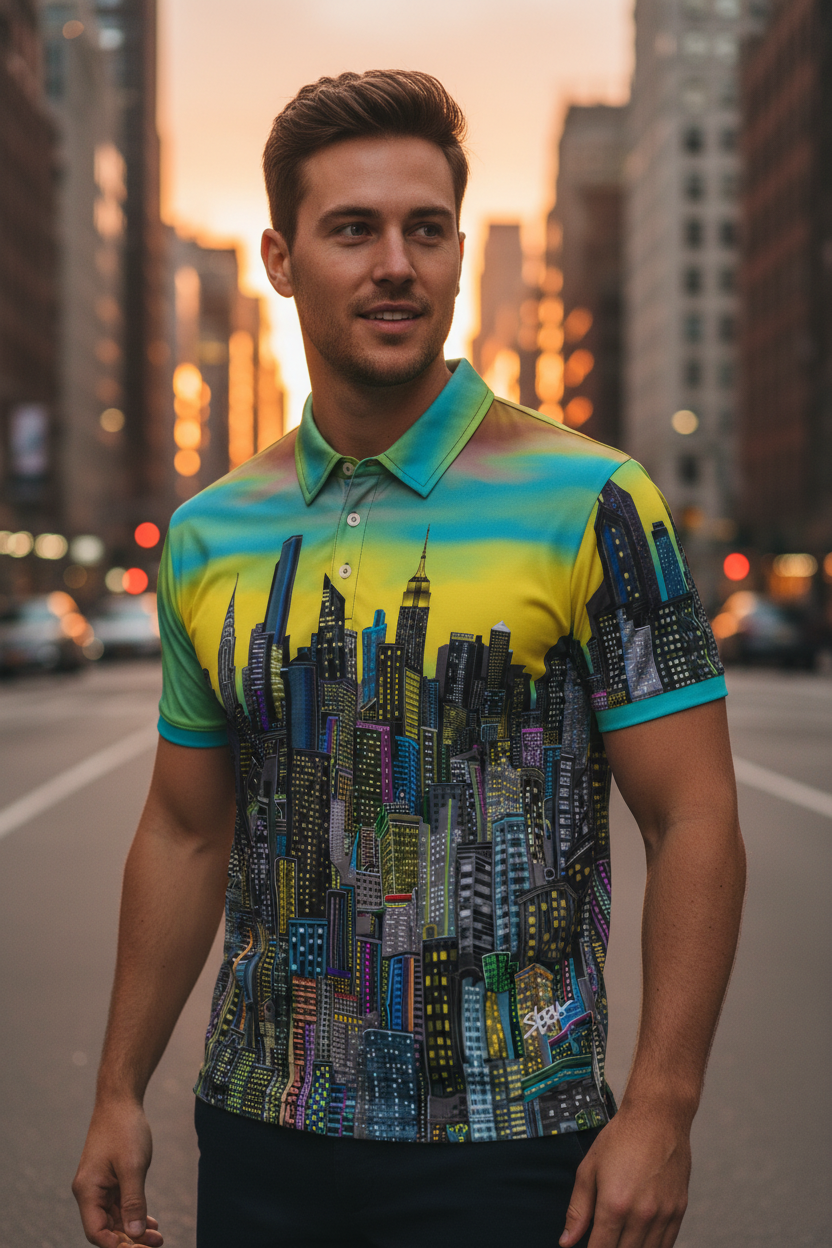 Man wearing a colorful Loria NYC Art  shirt with cityscape design on urban street
