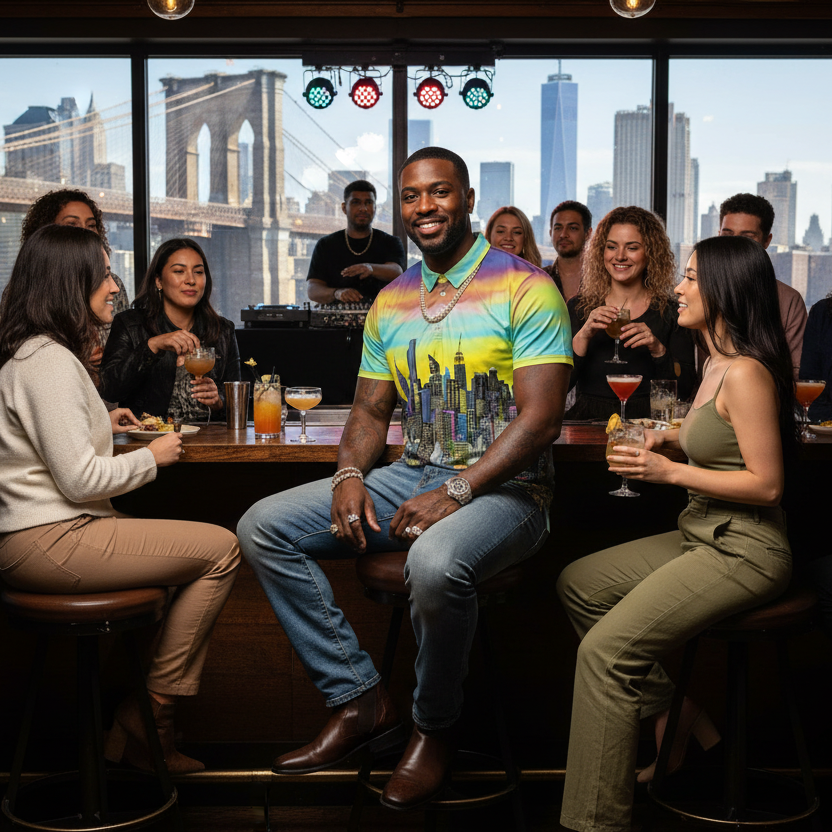 Man wearing a colorful Loria NYC Art polo shirt with people sitting at a bar with a cityscape view outside