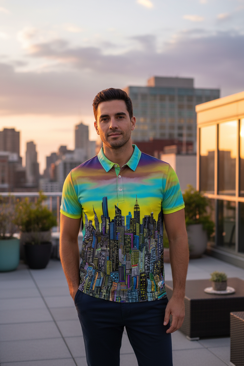 Man wearing a colorful Loria NYC Art cityscape shirt on a rooftop with city skyline in the background