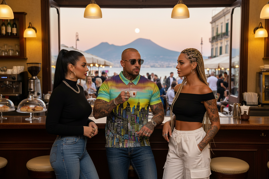 Man wearing a colorful Loria NYC Art shirt with two people standing in a bar with a scenic mountain view in the background