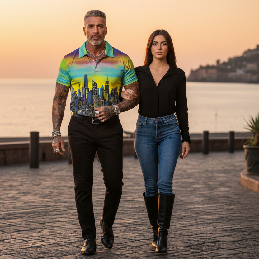 Man wearing a colorful  Loria NYC Art shirt with woman walking along a waterfront at sunset