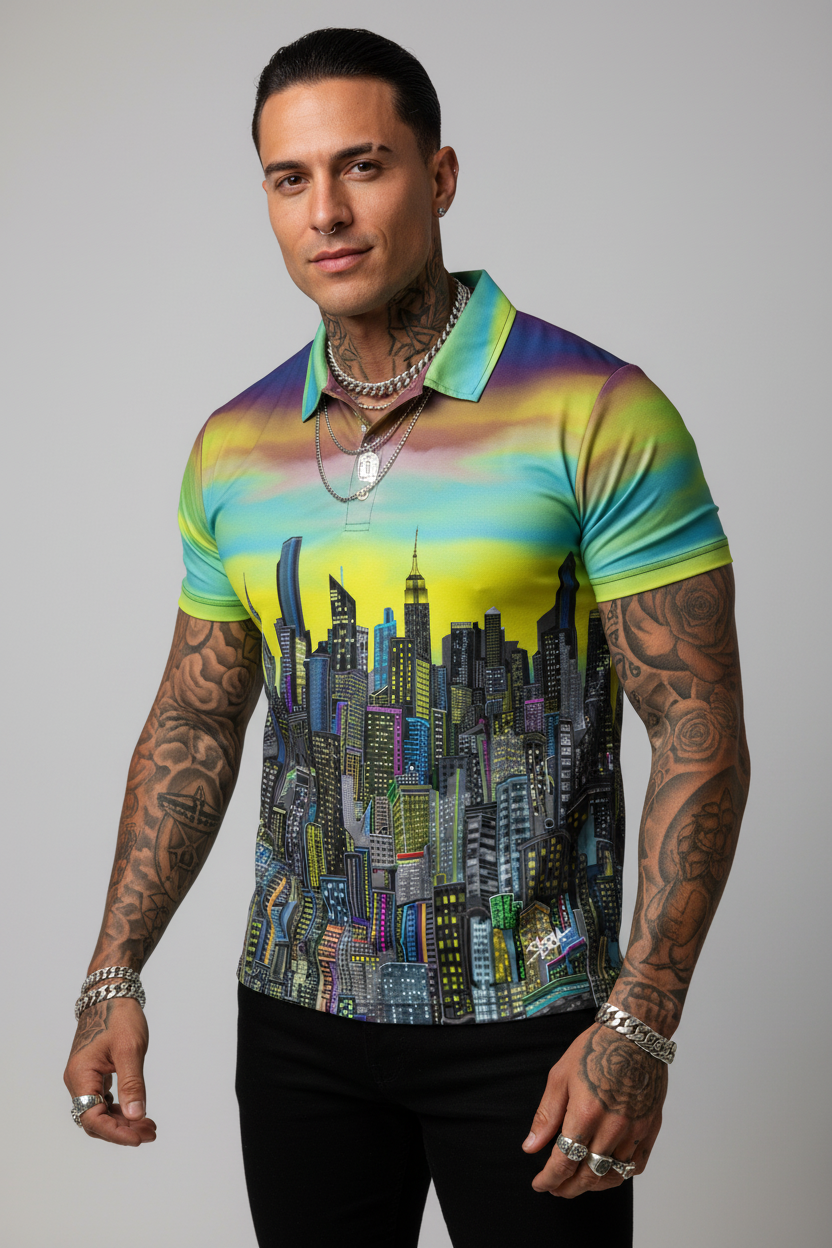 Man wearing a colorful Loria NYC Art cityscape polo shirt against a gray background