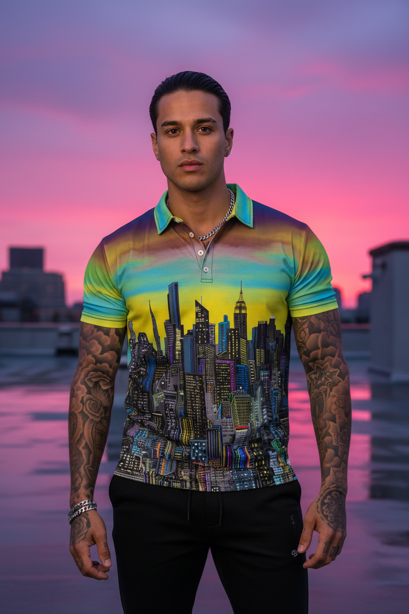 Man wearing a colorful Loria NYC Art polo shirt with cityscape design on a rooftop