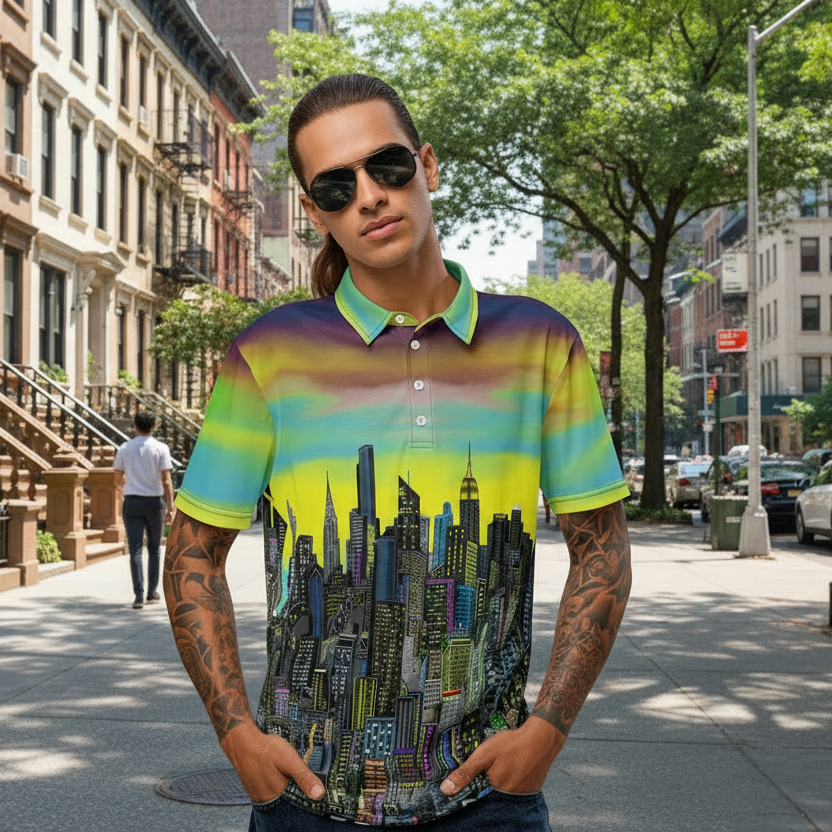 Person wearing a colorful polo Loria NYC Art shirt with a cityscape design on a urban background