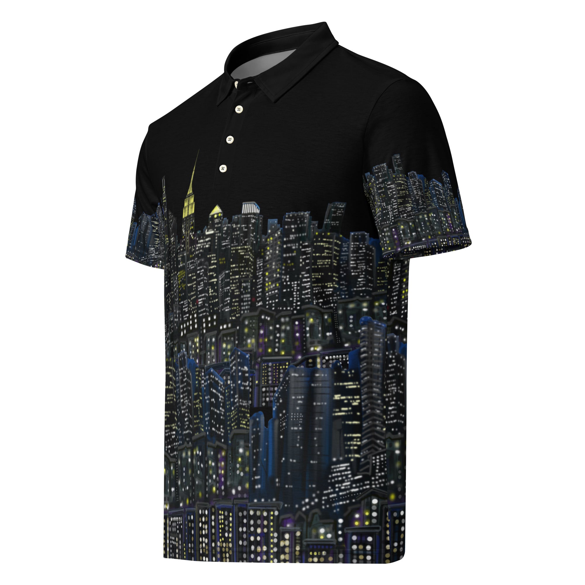 Black polo shirt with New York cityscape design by Loria NYC Art on a white background