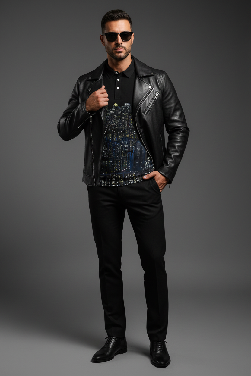 Man wearing a black leather jacket, patterned shirt, and black pants on a gray background