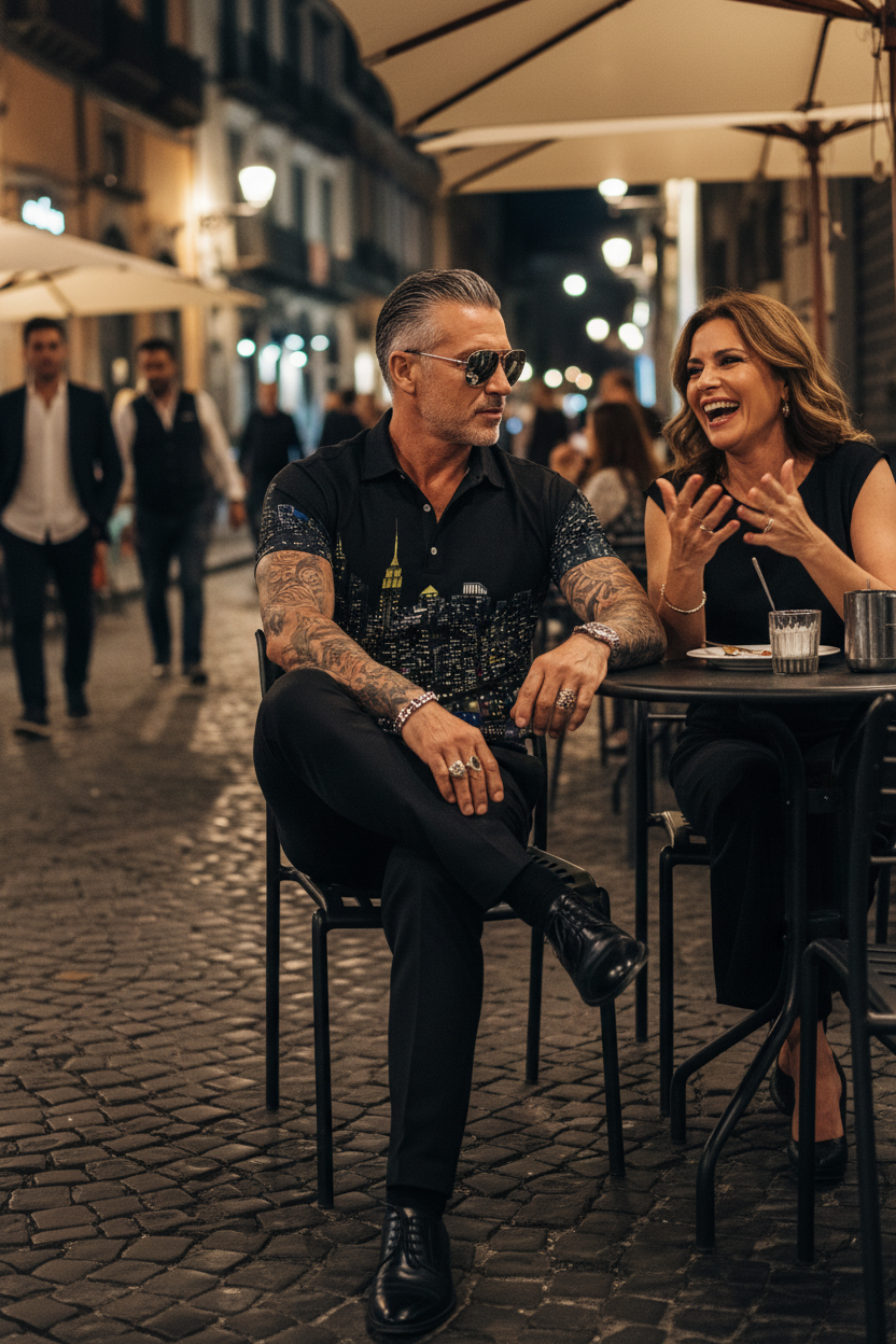 Man wearing a black Loria NYC Art polo sitting at an outdoor cafe table in a bustling street at night.