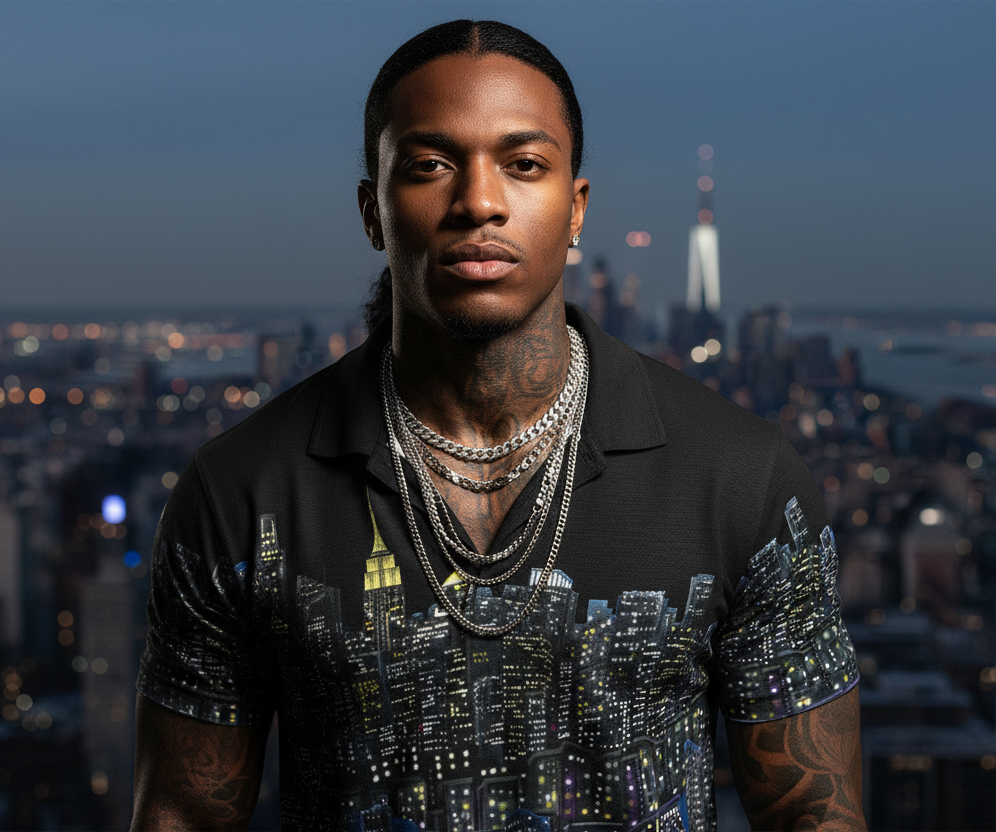 Man wearing a black Loria NYC Art shirt with cityscape design against a blurred city skyline at night