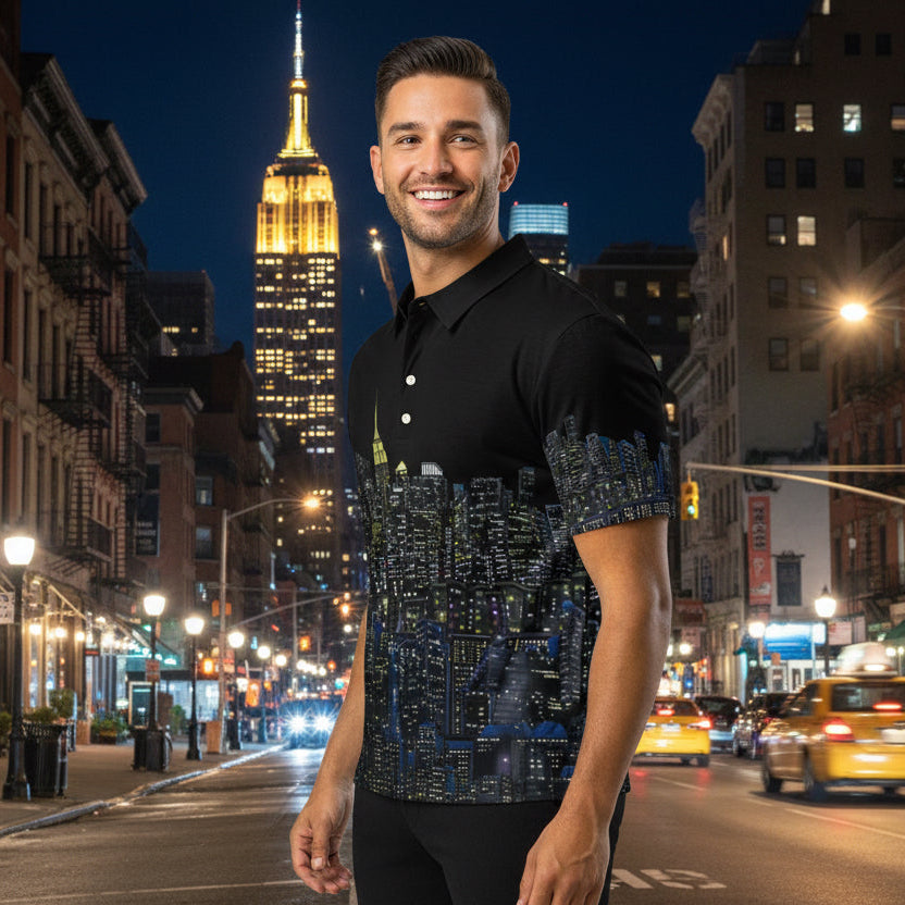 Man modeling a Black polo shirt with New York cityscape design by Loria NYC Art on a urban background