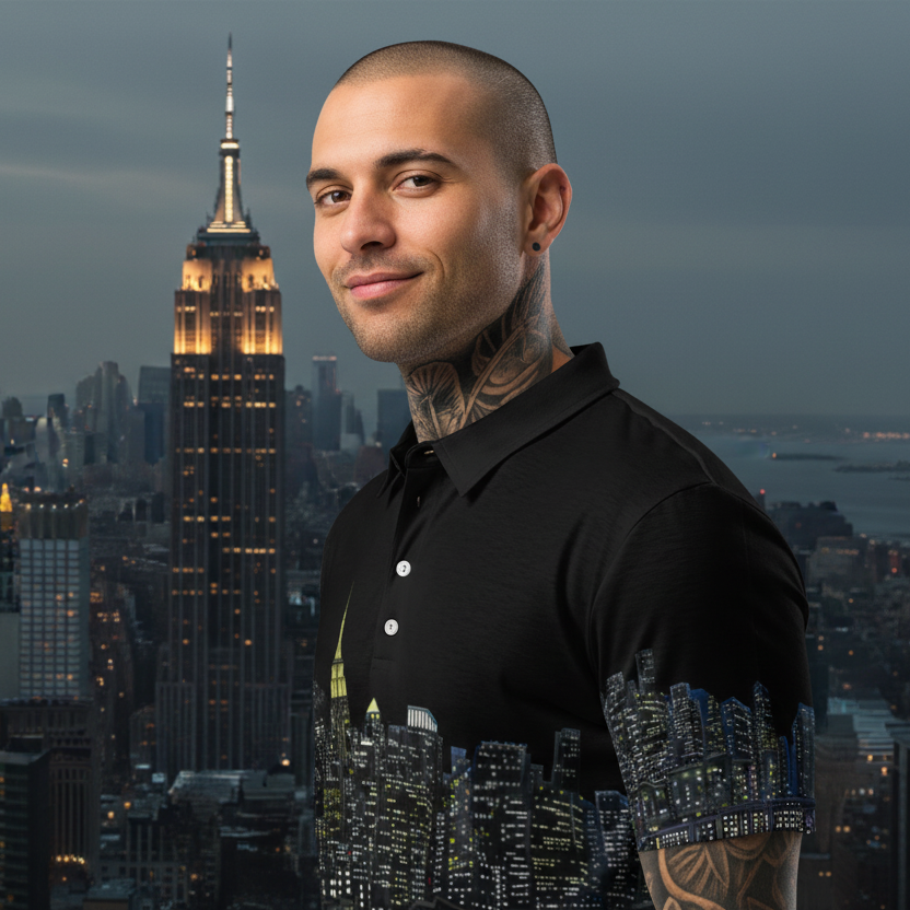 Man wearing Loria NYC Art polo shirt with tattoos standing in front of a city skyline at dusk