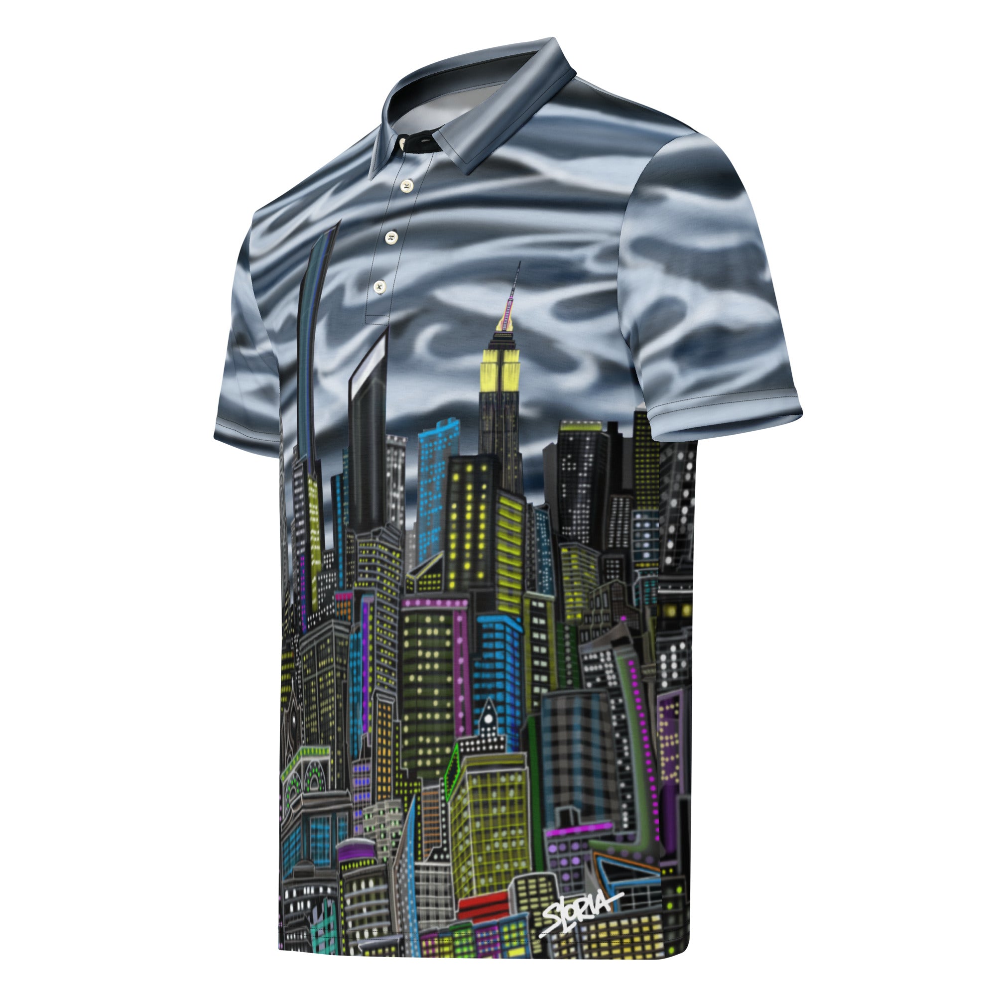 Polo shirt with Loria NYC Art cityscape design on a white background