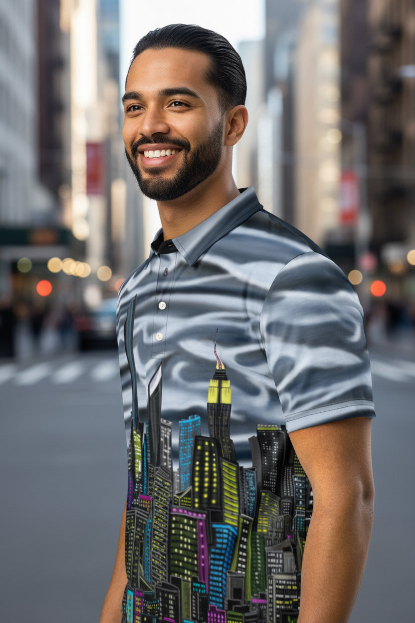 Man wearing a shirt with a Loria NYC Art  cityscape design on a urban background