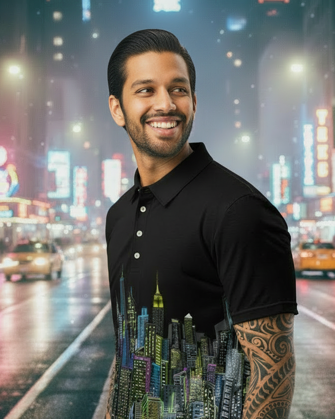 Man wearing a black polo shirt with a cityscape Loria NYC Art design on a white background