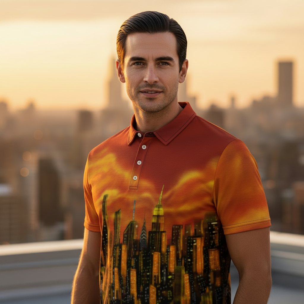 Man wearing an orange polo Loria NYC Art shirt with a cityscape design, standing on a rooftop with a city skyline in the background during sunset.