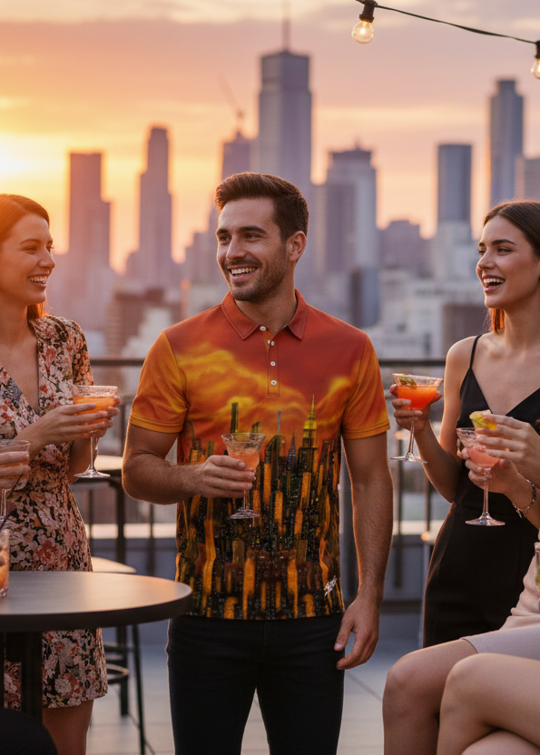 Group of people enjoying drinks on a rooftop bar with man wearing orange Loria NYC Art city skyline shirt 
