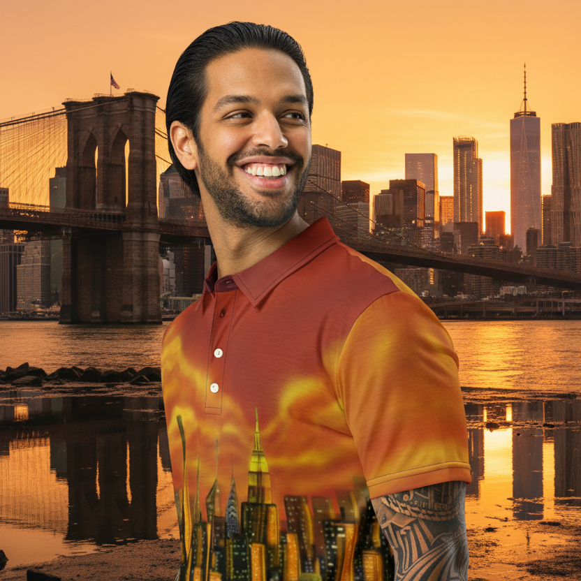 Man wearing a polo shirt with a Loria NYC Art cityscape design on a urban bridge background