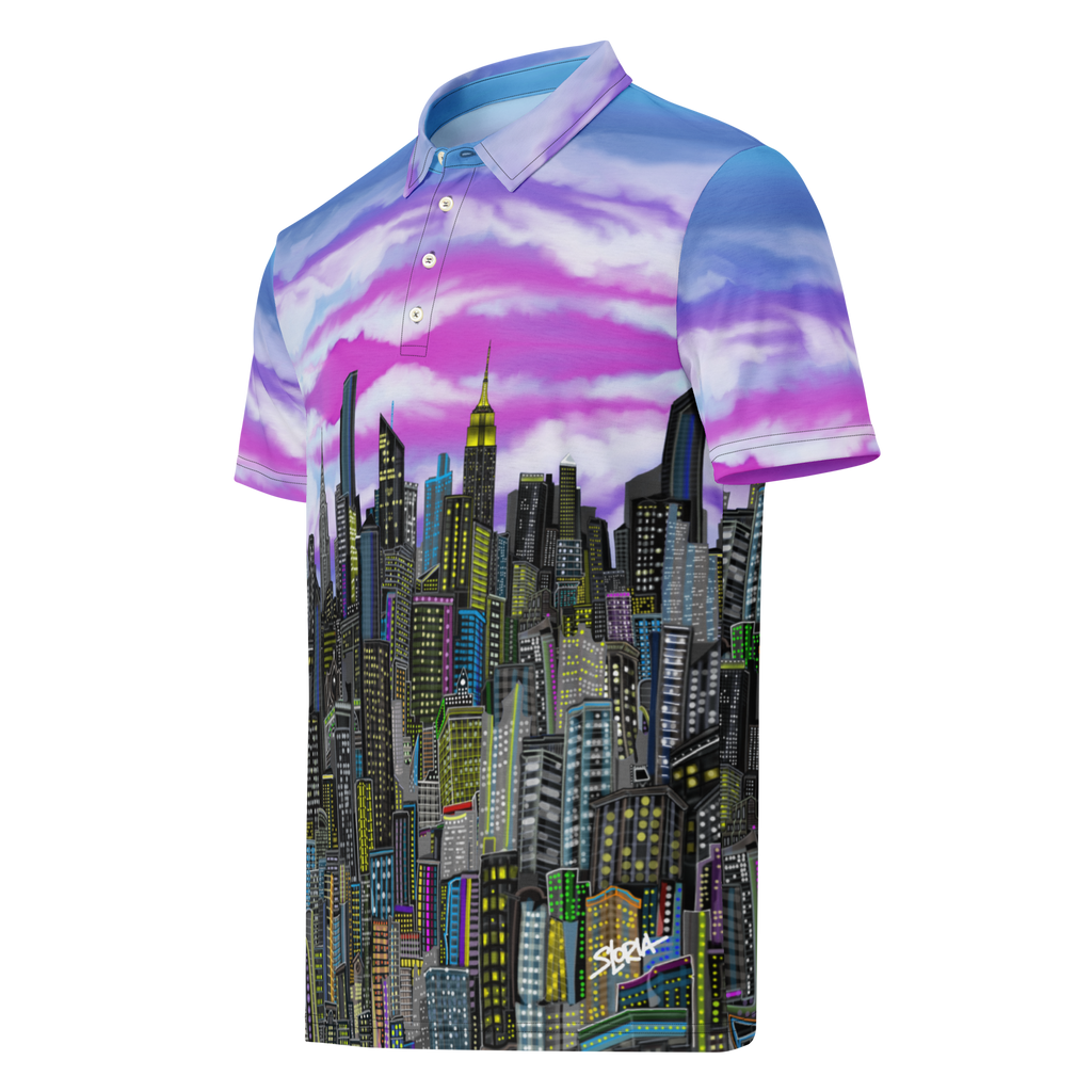 Polo shirt with cityscape Loria NYC Art  design and colorful sky on a white background