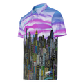 Polo shirt with cityscape Loria NYC Art  design and colorful sky on a white background