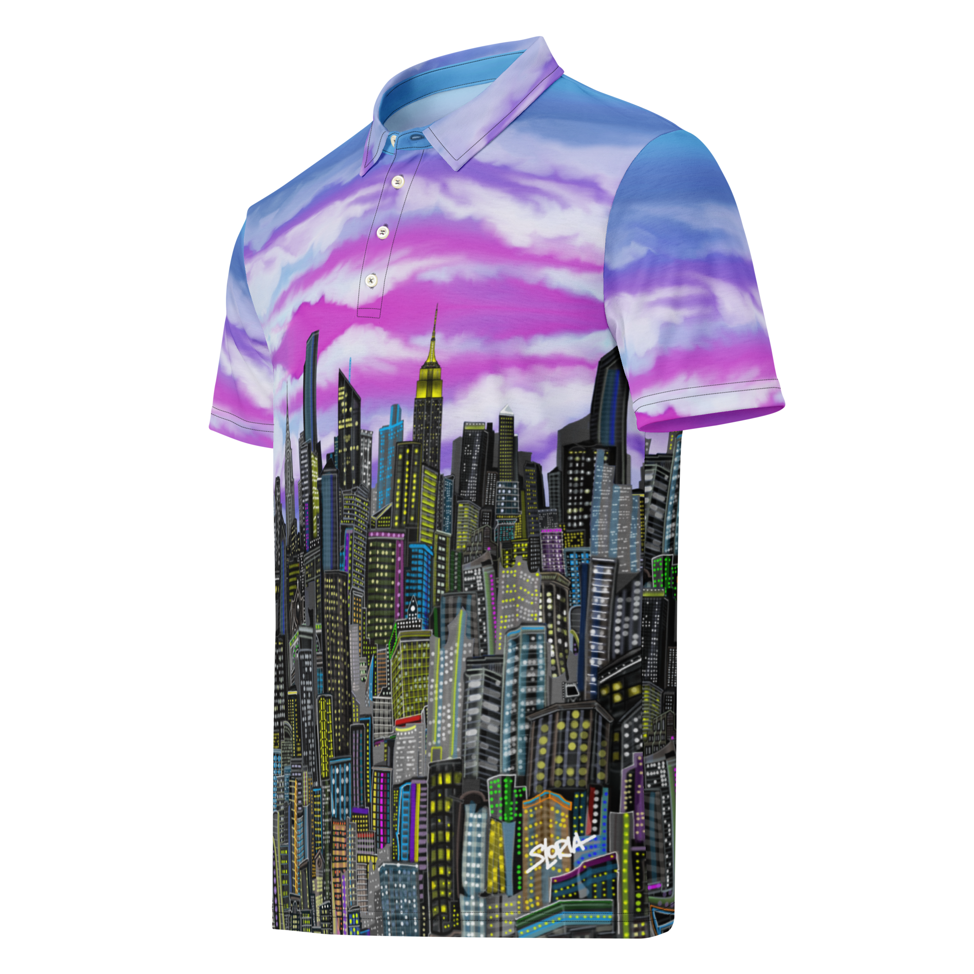 Polo shirt with cityscape Loria NYC Art  design and colorful sky on a white background