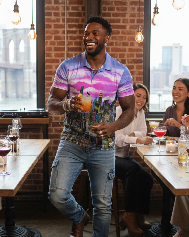 Man wearing colorful Loria NYC Art polo shirt with people enjoying a meal and drinks in a restaurant with a cityscape view. 
