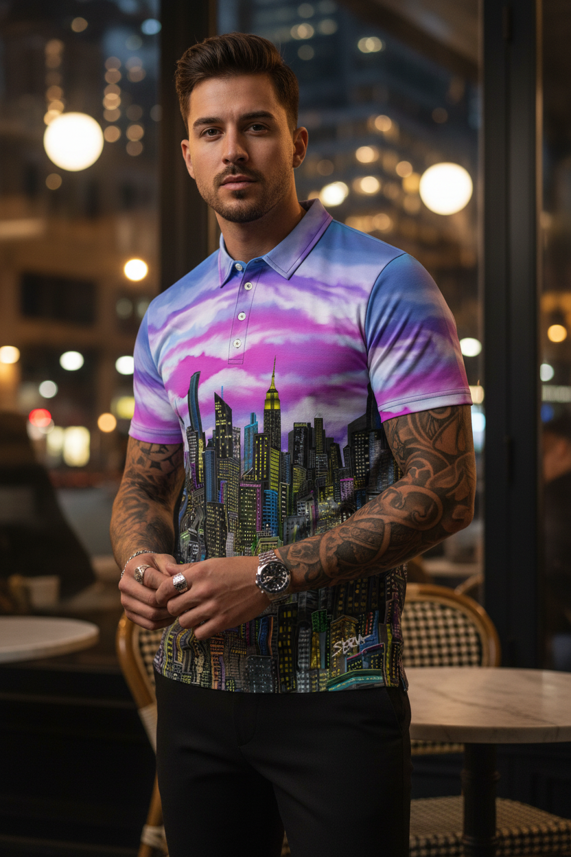 Man wearing a Loria NYC Art colorful shirt with a cityscape design in an indoor setting.