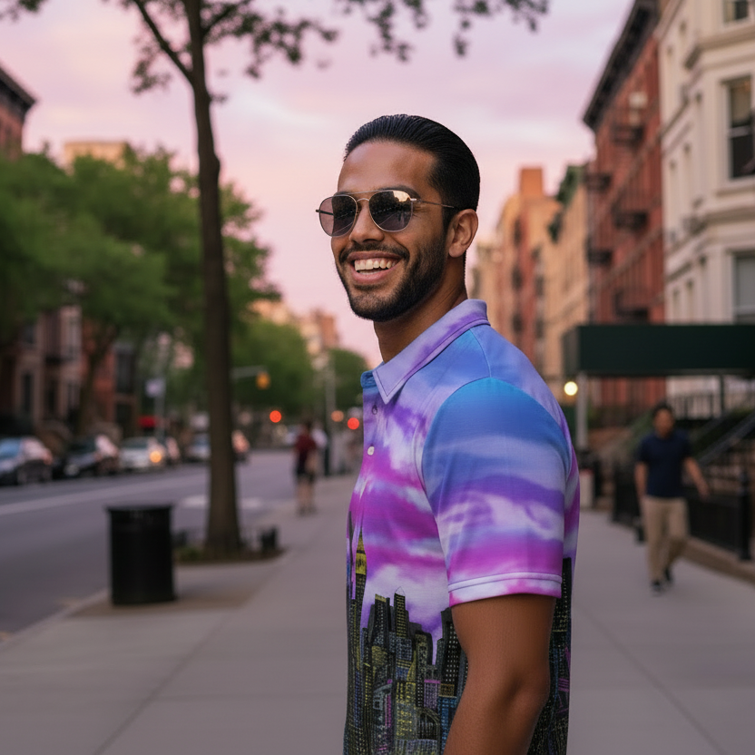 Man wearing a polo shirt with a Loria NYC Art cityscape design on a urban background